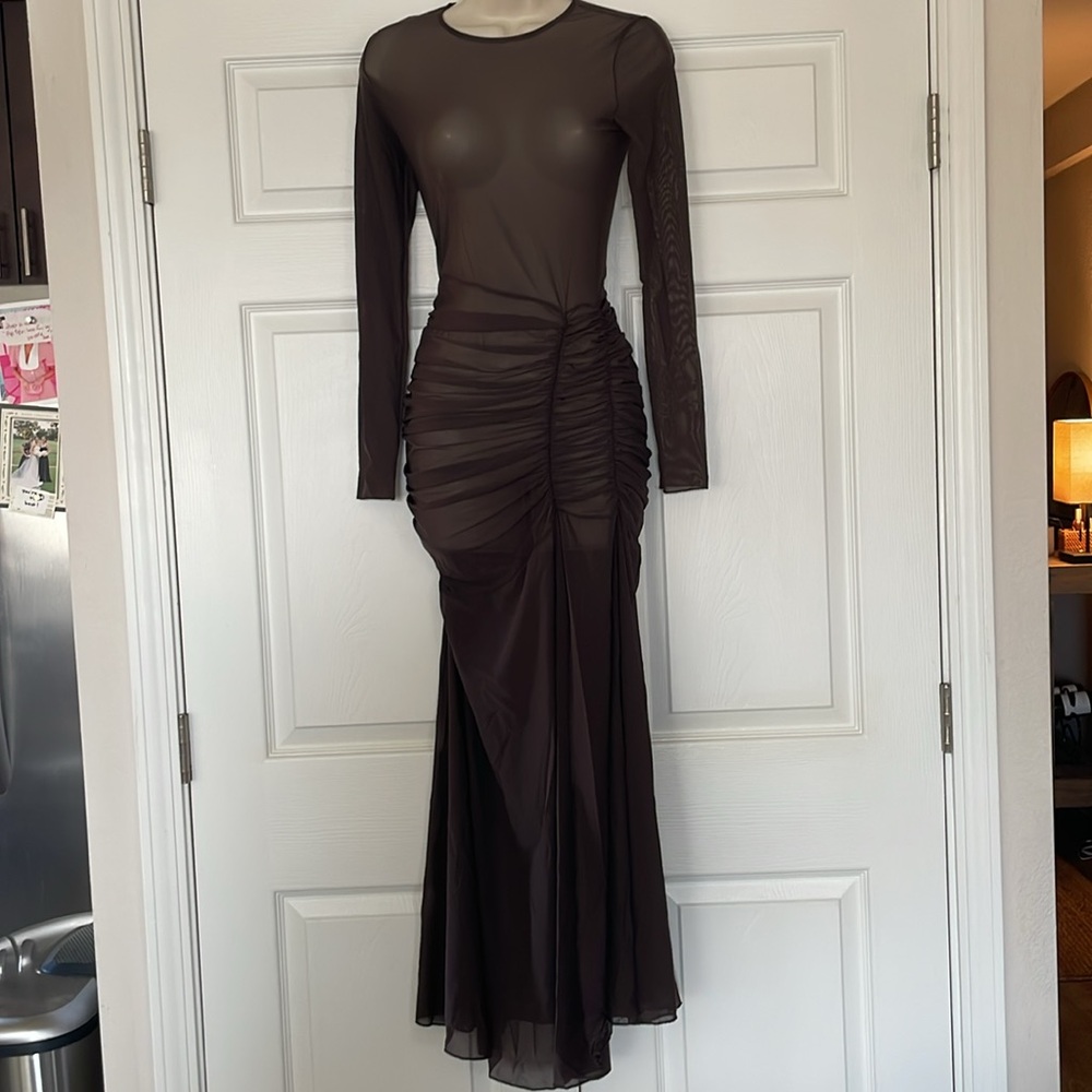 GIGI C Brown Ruched Long Sleeve Gown #79